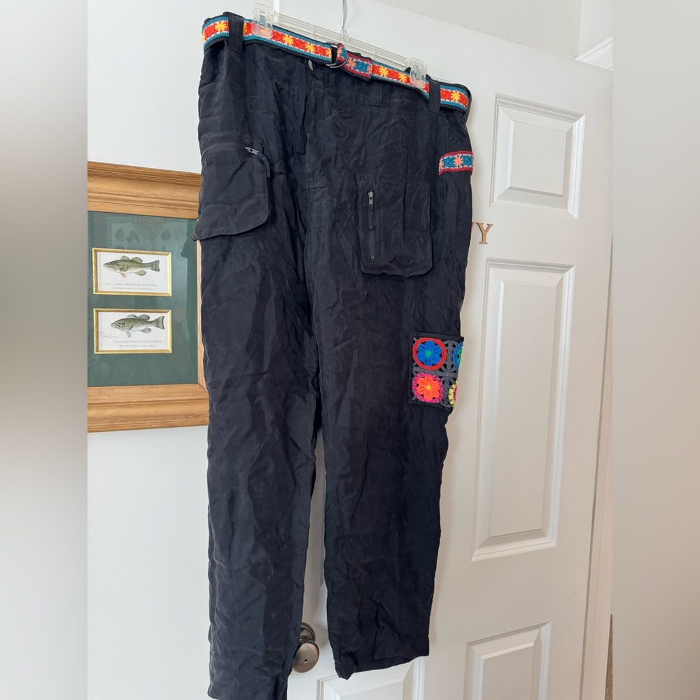 Johnny Was Black Cargo Pants with Colorful Crochet Accents